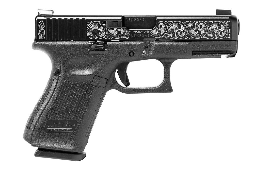 19M 9mm FBI Spec Pistol with Custom Engraved Slide and Night Sights
