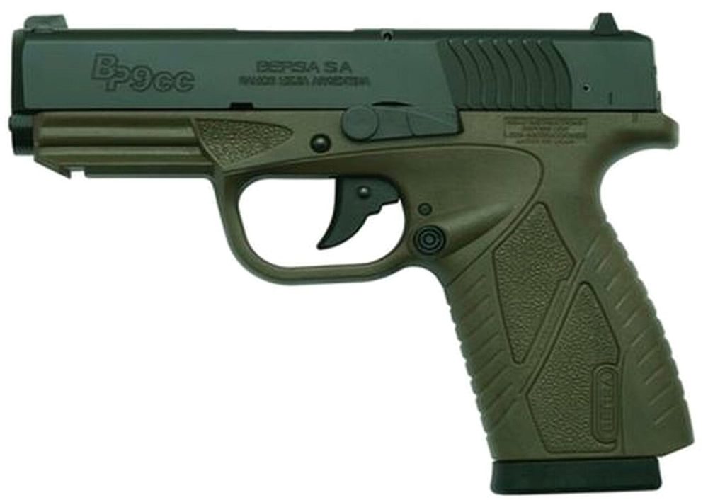 Bersa Conceal Carry 9MM 3.3" OD Green Finish, Polymer Frame, Adjustable Sights, 8 Round