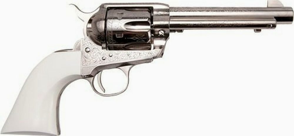 Cimarron S.A.A. Frontier Engraved .45 Long Colt5.5.5" Barrel Nickel Finish, Ivory Type Grips 6 Round