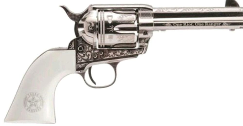 Cimarron Texas Rangers .45LC Pre-war Frame & Ejector, Engraved Nickel, Ranger Logo, 4.75" Barrel