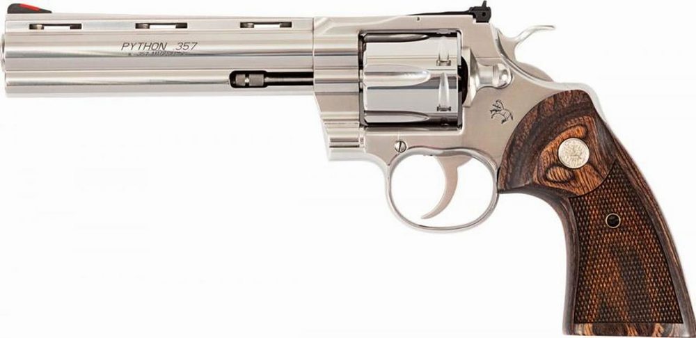 Colt Python 357 Mag, 6" Barrel, Stainless Finish & Frame, Walnut Grips Red Ramp Front/Adjustable Rear, 6rd