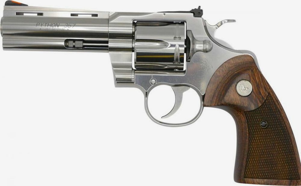 Colt Python 357 Magnum, 4.25" Barrel, Stainless Finish & Frame, Walnut Grips Red Ramp Front/Adjustable Rear 6rd