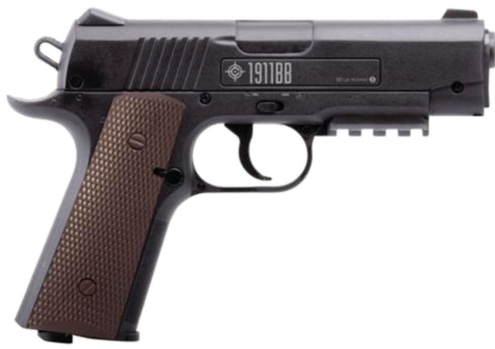 Crosman Air Guns 1911BB CO2 Powered Semi-Auto Pistol 4.5mm/BB Caliber Fixed Front Sight Fixed Notch Rear Sight Black Frame with Brown Grips