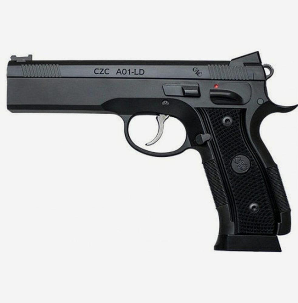 CZ AO-1 LD Custom, 9mm, 4.9" Stainless Barrel, Aluminum, Manual Safety, Full Size, Fiber Optic Front And Low Mount Rear Sights, 19Rd, Black