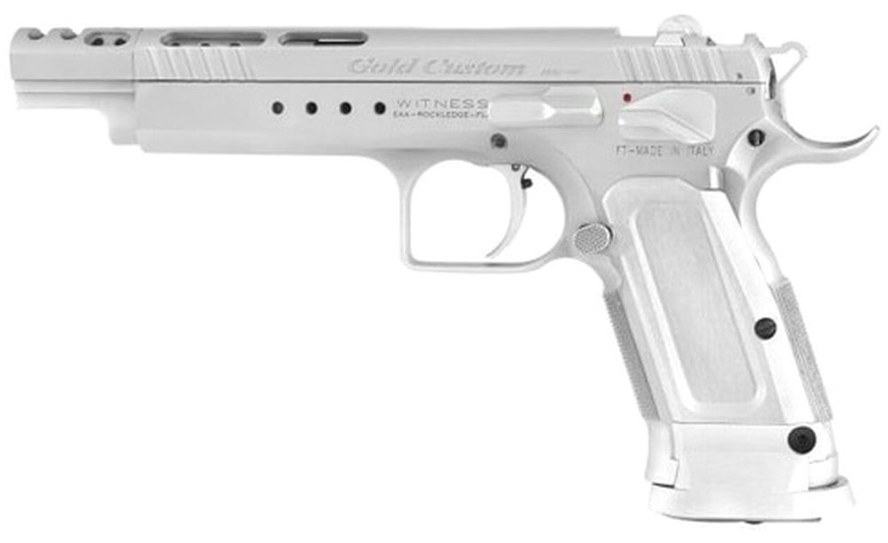 EAA Witness Gold, Tanfoglio, Full Size, 9MM, 5.25" Ported Barrel, Steel Frame, Chrome Finish, Aluminum Frame, Adj Sights, Ambi Safety, 18Rd Mag