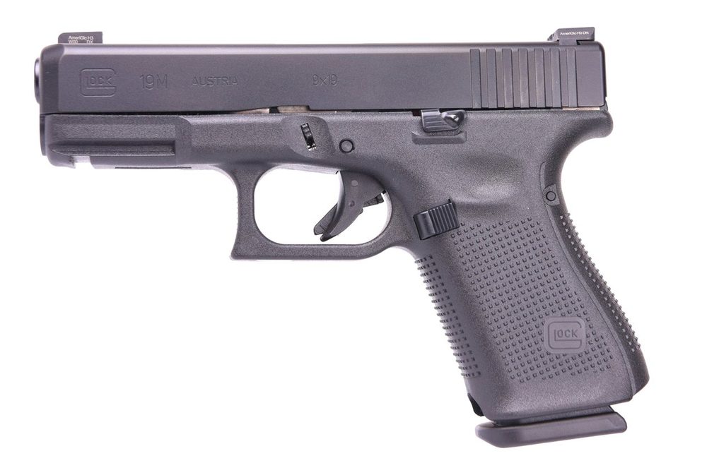 Glock 19M 9mm, 4" Barrel, Ameriglo Agent Night Sights, Rounded FBI Mag Catch, nDLC Hard Finish, 3x15rd Mags