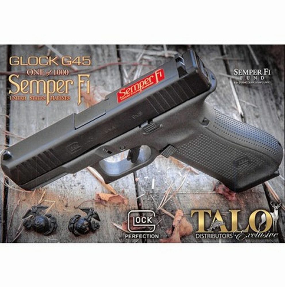 Glock G45 Semper Fi Limited Edition Gen 5 MOS, 9mm, 4" Jewelled Barrel, 10rd, Specially Polished Bright Blue w/ 24kt Gold Script, TALO