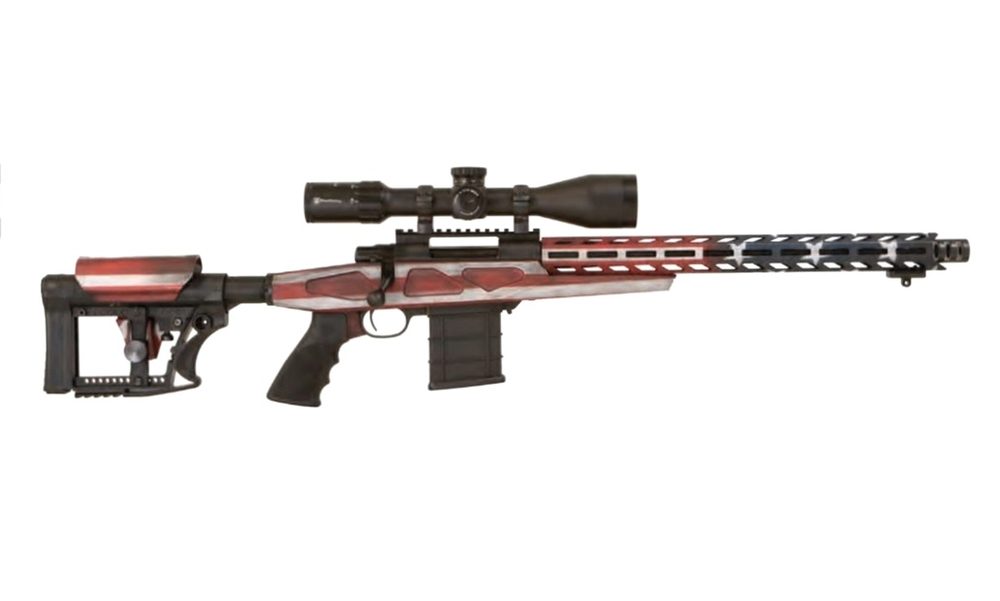 Howa APC Flag Chassis Rifle 6.5 Creedmoor Scope Combo, 16" Threaded Barrel, 4-16x50mm Nikko Stirling Scope, Flag Finish, 10rd