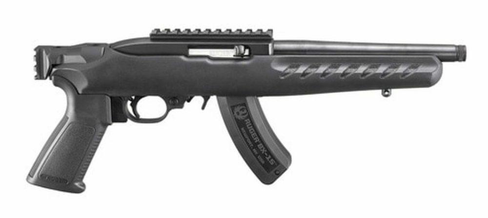 Ruger 22 Charger Railed Brace Mount, Rimfire Pistol, 22 LR, 8" 1/2-28 Threaded Barrel, Matte Black, A2-Style Grip, Black Polymer Stock, Picatinny Top Rail Installed, 15Rd, Includes Adjustable Bipod