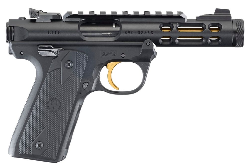 Ruger Mark IV Lite 22/45 22LR, 4.4" Gold Finished Threaded Barrel, Polymer Frame, Black, Checkered Grips, 10Rd Mag