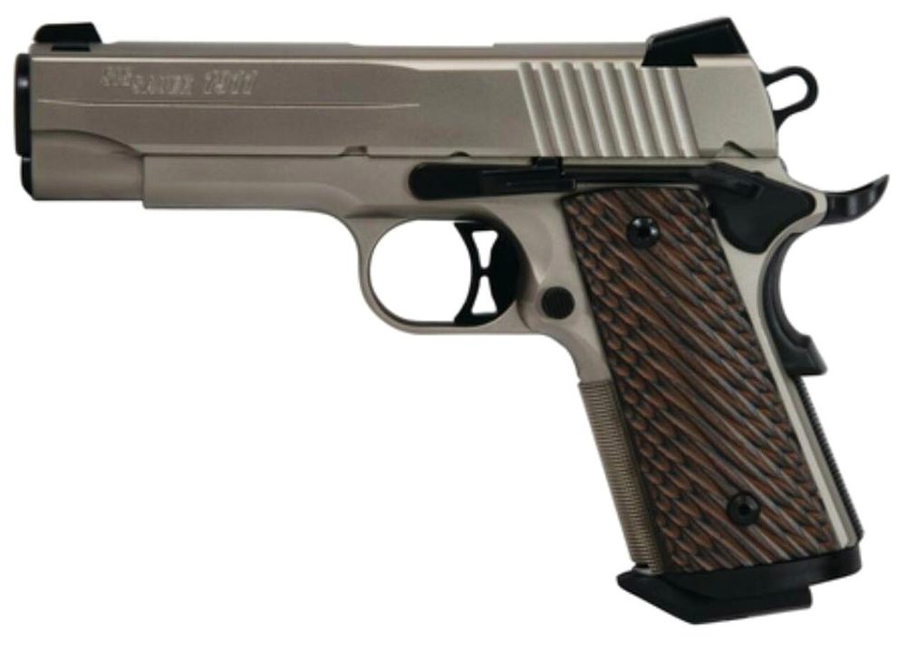 SIG 1911 45 ACP 4.2In Nickel NI PVD SAO Siglite Brown Vector Grip (2) 7RD Steel MAG