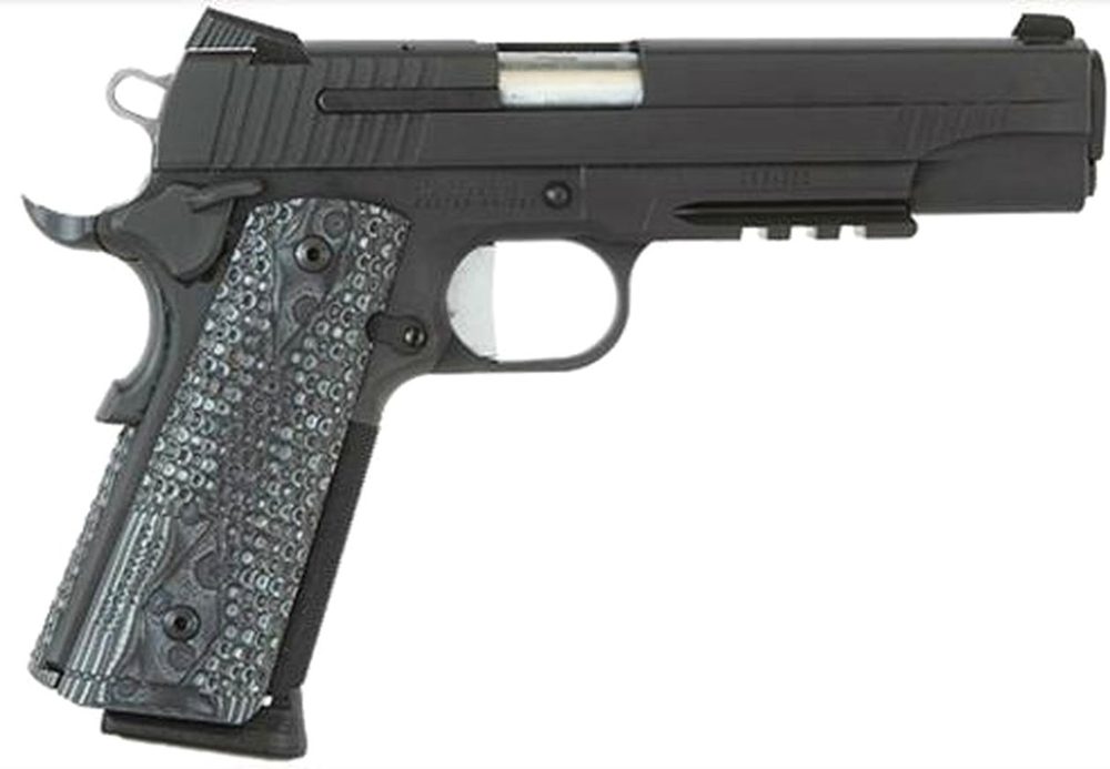 Sig 1911 45 ACP, 5" Barrel, Extreme Black SAO Siglite Black/Gray G10 Grip (2) 8RD Steel MAG Rail