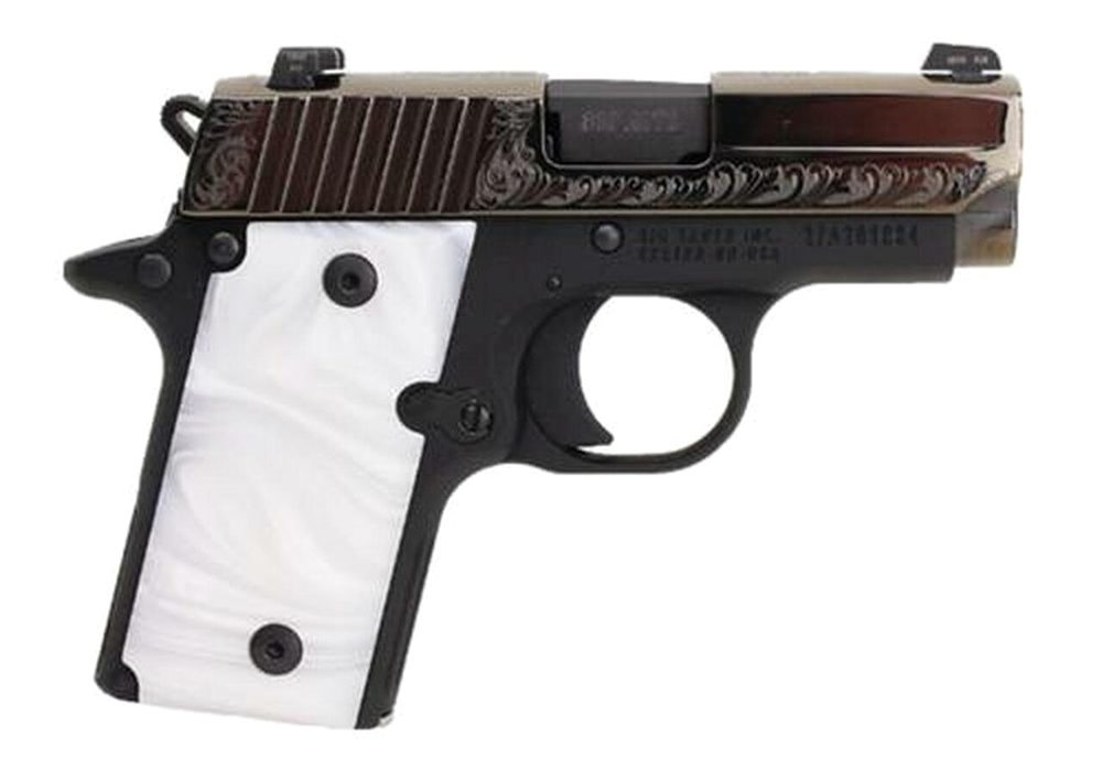 Sig P238 380 ACP 2.7In White Pearl Nitron Engraved Slide SAO Siglite White Pearl Grip (1) 6RD Steel MAG