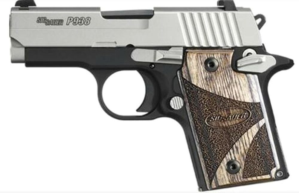 Sig P938 9MM 3IN SAS 2-Tone SAO Siglite Walnut Grip (1) 6RD Steel MAG Ambi Safety Dehorned