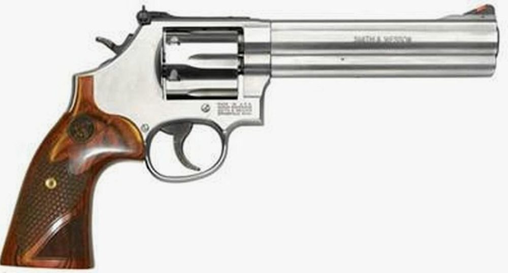 Smith & Wesson 686 Plus Deluxe, 357 Mag/38 Spec, 6" Barrel, Stainless Finish, Wood Grips, 7Rd, Adjustable Sights