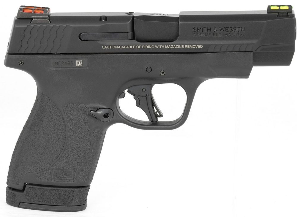 Smith & Wesson, Shield Plus, Performance Center, Striker Fired, Micro Compact, 9mm, 3.1" Ported Barrel, Polymer Frame, Thumb Safety, Fiber Optic, Flat Face Trigger, 2 Mags, 1-10Rd 1-13Rd, Black