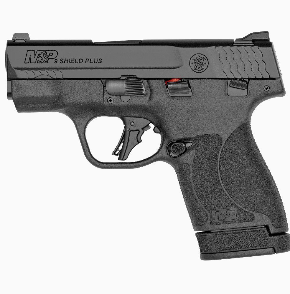 Smith & Wesson, Shield Plus, Striker Fired, Micro-Compact, 9mm, 3.1" Barrel, White Dot Sights, Polymer Frame, Thumb Safety, Flat Face Trigger, 2 Mags, 1-10Rd 1-13Rd, Black
