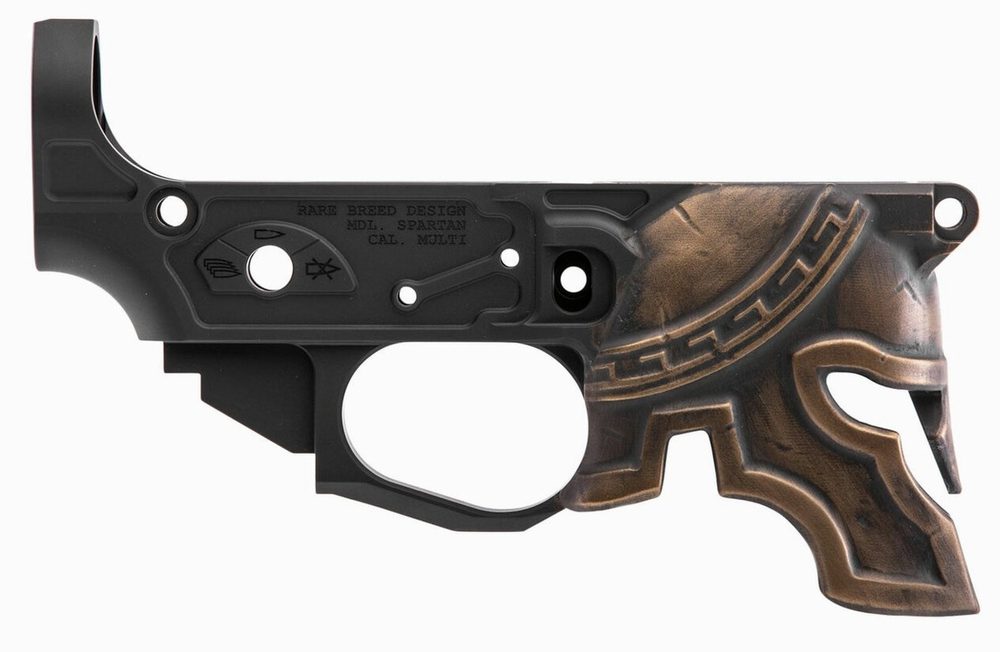 Spikes Rare Breed Spartan Stripped Lower, Multi-Cal, Black, Painted Bronze Helmet