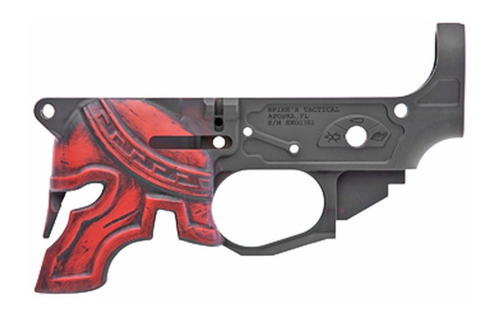 Spikes Rare Breed Spartan Stripped Lower, Multi-Cal, Black, Painted Red Helmet