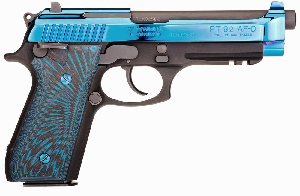 Taurus 92 9mm, Polished PVD Blue Slide, G10 Blue and Black Grips, 17rd