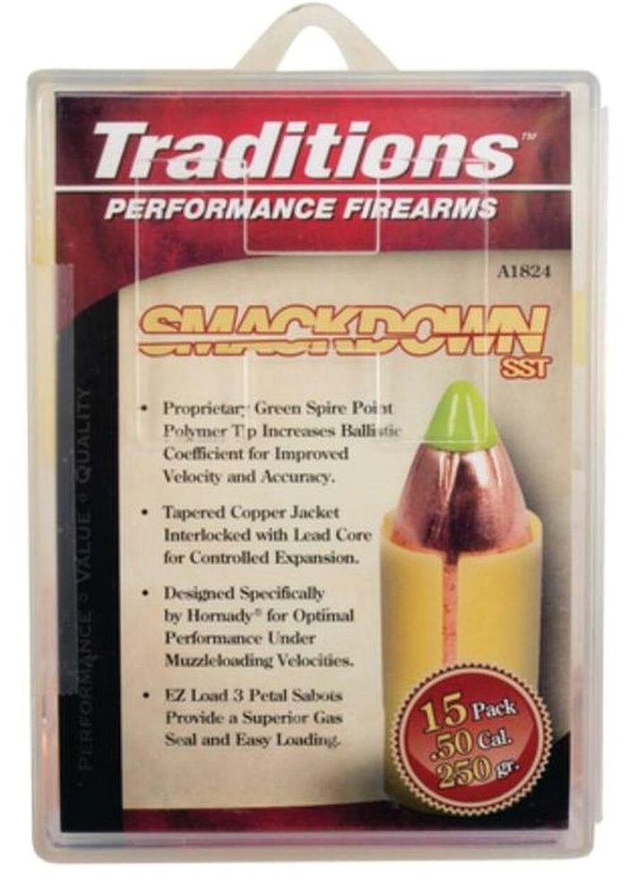 Traditions Black Powder Smackdown SST Muzzleloading Bullet With Sabot .50 Caliber/.45 Diameter 250 Grain 15 Per Pack