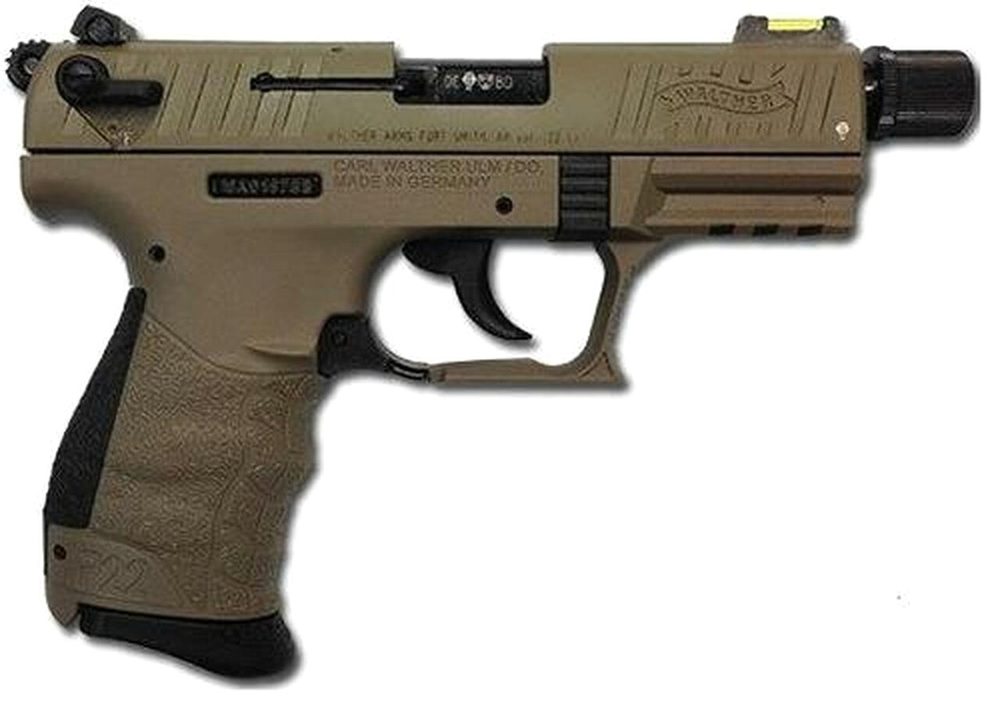 Walther P22 Semi Auto 22LR, Flat Dark Earth, Threaded Barrel, Silencer Ready, Hi Viz Sights